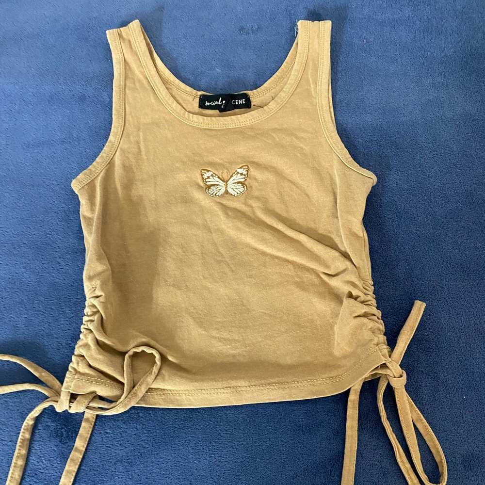 light brown extra small crop top with butterfly